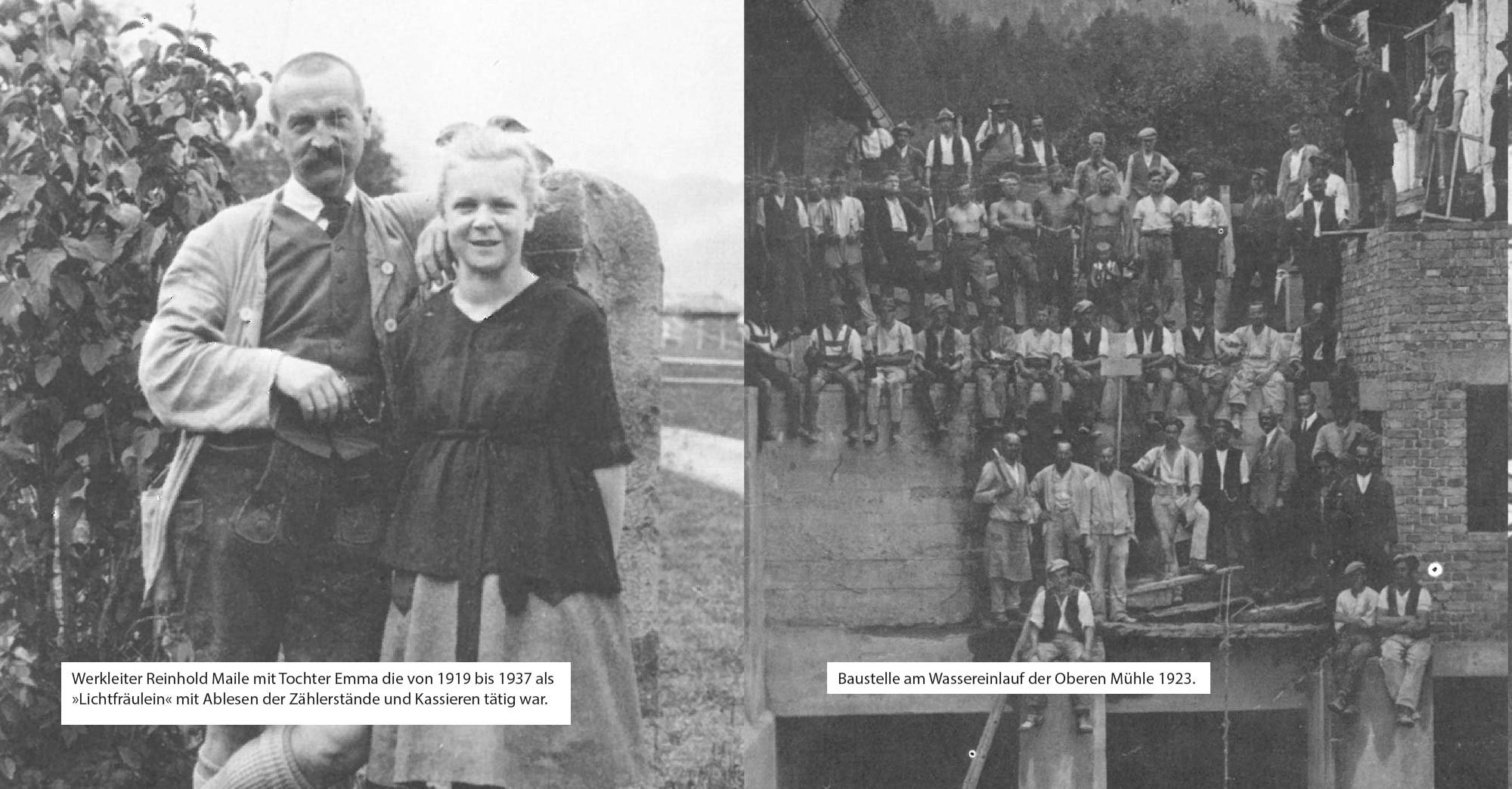 Historische Bilder der Energieversorgung: Reinhold Maille mit Tochter Emma ca. im Jahr 1922 und die Baustelle des Wassereinlauf Obere Mühle in Oberstdorf 1923