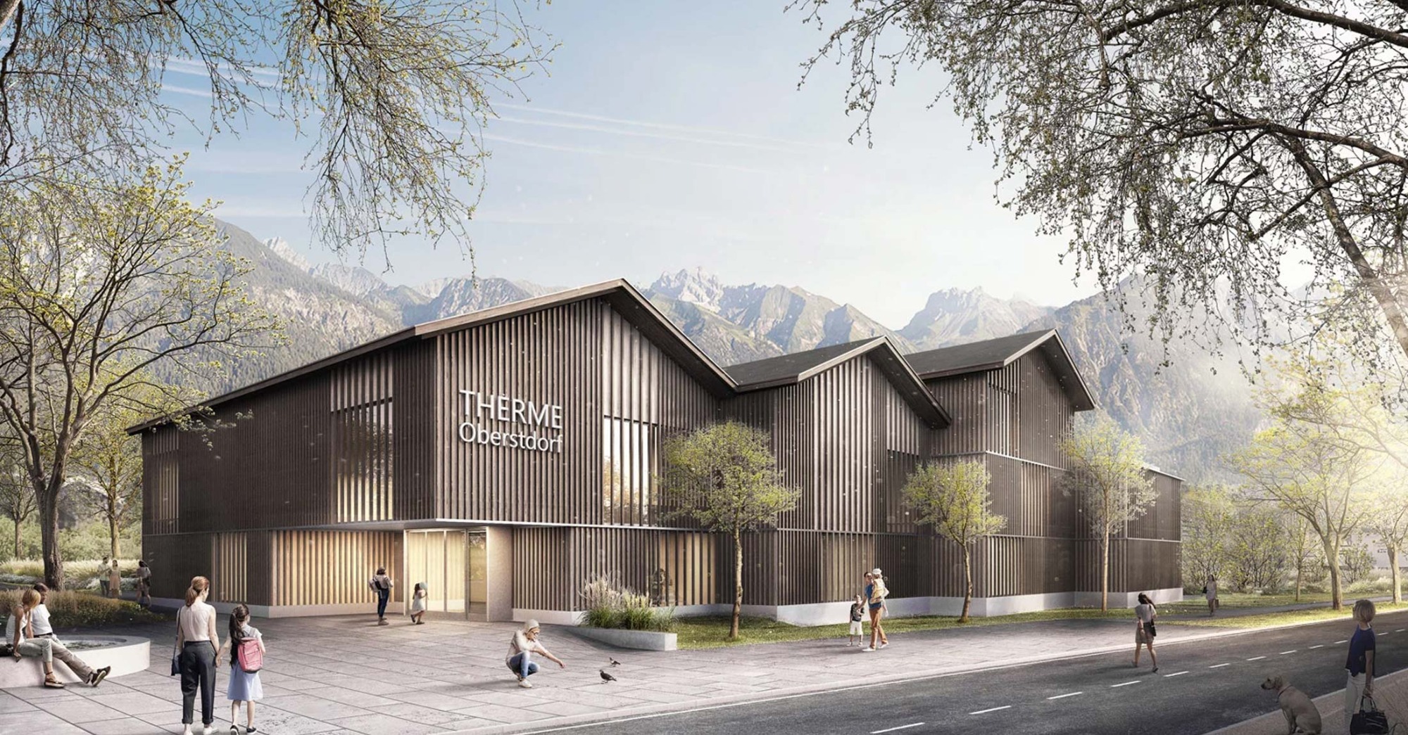 Visualisierung der neuen Therme Oberstdorf mit Holzfassade und Bergblick