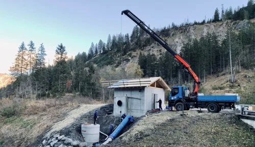 Baustelle am Oberbecken des Wasserkraftwerks Warmatsgund in Oberstdorf